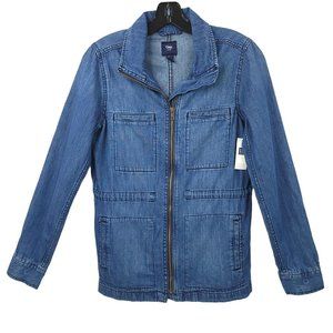 Gap Denim Full Zip Jean Jacket XS Lightweight Drawstring Utility Boho Blue NEW